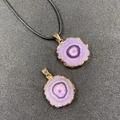 Purple crystal druzy flower pendant with gold plated edge and black cord necklace - Purple