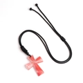 Handcrafted woven cross necklace with a translucent pink natural agate stone pendant - Watermelon Red (Synthetic)