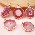 Five unique sliced agate pendants with gold electroplated edges and red crystal centers - Orange Red