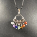 Vintage silver teardrop hollow pendant with seven colorful chakra stones and black cord - 1pc Alloy Pendant (JC1198)