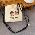Beige canvas drawstring crossbody bag with puppy embroidery and rope strap - Beige Puppy Crossbody Bags