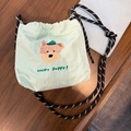 Light green drawstring crossbody bag with cute dog embroidery and woven strap - Mint Green Hat Dog (Happy Puppy!)
