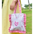 Pink striped canvas tote bag with cherry patterns and ruffled edges in outdoor setting - Pink White Stripe Ruffle Style / Pink Bowknot