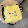 Bright yellow drawstring crossbody bag featuring colorful cartoon embroidery and rope strap - Yellow Dog Car (Playful Style)