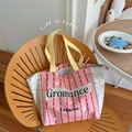 Borsa tote in tela a quadretti rosa con manici gialli e pannelli laterali a pois - Borsa Tote a Quadri Gialla e Rosa