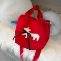 Red crossbody bag with white puppy embroidery and black ribbon bow detail - Red Puppy Drawstring Handbag/crossbody Bag