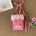 Borsa a tracolla a quadretti rossi con bordo in pizzo bianco e dettagli a fiocco su stoffa - Borsa Per Cellulare Con Bordo In Pizzo Rosso Marca Inglese