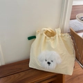 Creamy yellow drawstring tote bag with cute plush puppy patch and green ribbon detail - Double Layer Beige Fluffy Dog