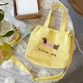 Yellow canvas drawstring bucket bag featuring a cute dachshund embroidery design - Yellow Dachshund Drawstring Handbag/crossbody Bag