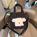 Black polka dot canvas crossbody bag with cute white plush dog embroidery detail - Black Polka Dot Plush Dog Drawstring Handbag/crossbody Bag