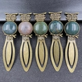 Vintage bronze owl bookmarks with natural stone inlays in five colors - India Agate (Antique Bronze)