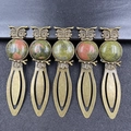 Vintage owl bookmarks with natural green Unakite stones set in bronze alloy, 5pcs set - Unakite (Antique Bronze)