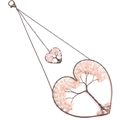 Pink crystal heart dream catcher with wire wrapped tree of life in bronze finish - Rose Quartz