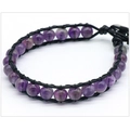 Bracelet en cuir tressé main avec perles d'améthyste 8mm et fermeture à nœud - Améthyste