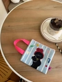 Schattige blauw gestreepte handtas met zwarte kat en roze handvatten - Blauw Wit Gestreepte Kat Stijl / Lichtblauw