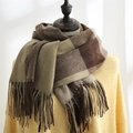 Classic plaid scarf in deep brown and beige tones with long tassel fringe details - Beibei Plaid Brown