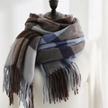 Plaid tassel scarf in brown blue and grey mix with soft cashmere-like texture - Beibei Plaid Denim Blue