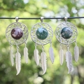 Colgantes atrapasueños de ágata natural y cristal con plumas plateadas y anillos - Rosa oro / Jaspe Oceánico