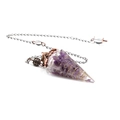 Hexagonal resin pendulum with purple amethyst stone chips and gold wire wrap on a silver chain - Amethyst