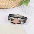Vintage multi-layer braided leather bracelet with pink bead and silver bell charms - Rose Quartz