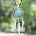 Collar atrapasueños plateado con piedra aventurina verde y plumas metálicas - Rosa oro / Aventurina Verde