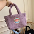 Paarse lams wollen draagtas met cartoon borduursel en blauwe schouderriem - Handtas en Crossbody Dubbel Gebruik