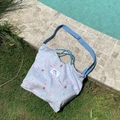 Light blue gingham tote bag with cute bear prints and blue drawstring straps - Bear Cake Blue Bottom