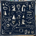 Equestrian theme square scarf featuring animal motifs and buckle patterns in navy blue - Navy Blue
