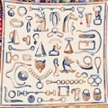130cm square silk scarf with vintage equestrian chain and animal illustrations on cream background - Off White