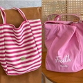 Borsa tote in tela a righe rosa e borsa a spalla in tessuto rosa con logo in metallo - Righe Magenta (Reversibile)