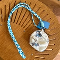 White round mini pouch with cartoon dog print and tri-color braided shoulder strap - Grey Blue Dog