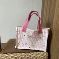 Borsa tote in seersucker a righe con manici rosa e stampe di fragole cartoon - Stile Stampa Cane Rosa Bianco