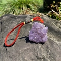 Natural amethyst crystal cluster pendant with red woven cord and orange bead - Red Hanging Rope