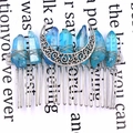 Wicca style hair comb with raw blue crystals and silver moon charm accessory - Blue