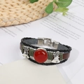 Retro multi-layer leather bracelet featuring red bead and vintage silver bell charms - Red Agate
