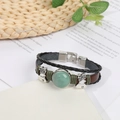 Vintage leather braided bracelet with green gemstone and silver bell charms - Green Aventurine