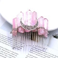 Wicca moon bridal hair comb with pink raw quartz crystals and silver wire wrap - Light Pink