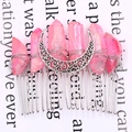 Pink raw crystal moon hair comb with silver wire wrapping and 20-tooth metal base - Pink