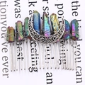 Boho Aura Quartz hair comb with silver crescent moon charm and raw crystal points - Gradient