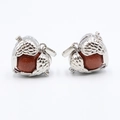 Silver owl pendant with reddish-brown glitter stone sphere and hollow carving - Gold Sand Stone (Synthetic)