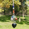 Seven chakra tree of life car charm with a polished black heart obsidian pendant - Obsidian