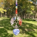 7 Chakra tree of life heart pendant with blue sodalite stone on silver wire wrap - Blue Spot Jasper