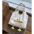 Cute white canvas tote bag featuring a funny 3D yellow duck feet design and embroidery - Beige Canvas With Big Mouth Duck