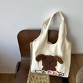 Cream canvas tote bag featuring a 3D plush puppy and colorful HAPPY embroidery - Beige Canvas With Happy Dog