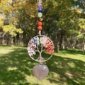 7 Chakra Tree of Life heart pendant with natural grey gemstone and silver wire wrap - Grey Agate