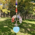 Tree of Life heart pendant with colorful crystals and blue opal stone keychain - Synthetic Opal
