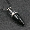 Polished black and clear bullet stone pendant on black cord with silver metal link - Obsidian