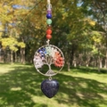 Tree of Life Chakra crystal hanging ornament with a heart shaped blue sandstone pendant - Blue Goldstone (Synthetic)