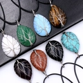 Pendentifs arbre de vie en pierres naturelles avec fil enroulé en forme de goutte - 1pc Aléatoire