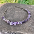 Handmade silver headband featuring natural raw purple amethyst stones on a metal band - Deep Amethyst
